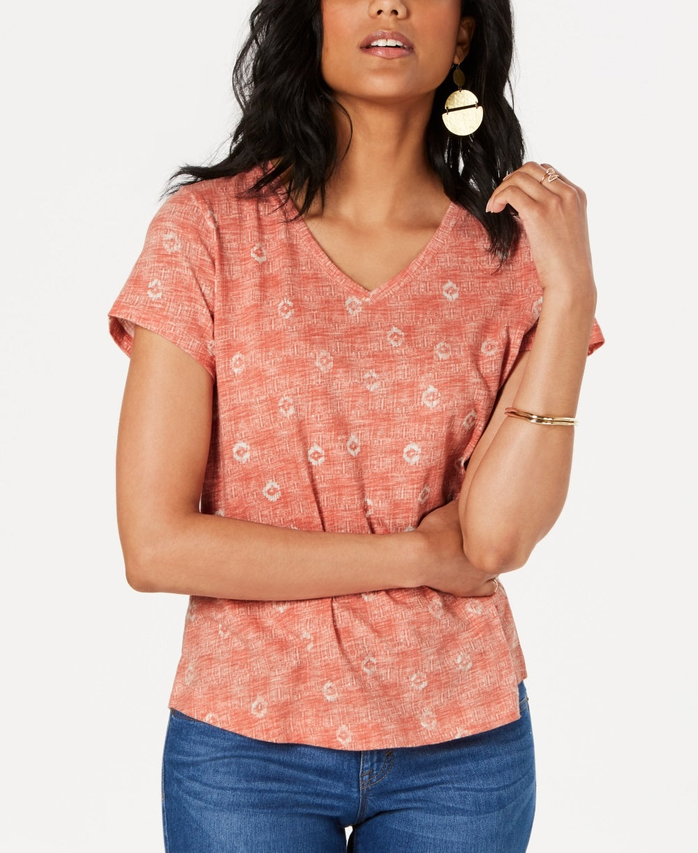 Camiseta feminina de algodão estampada com decote em V, tamanho PP, laranja, estilo &amp; co