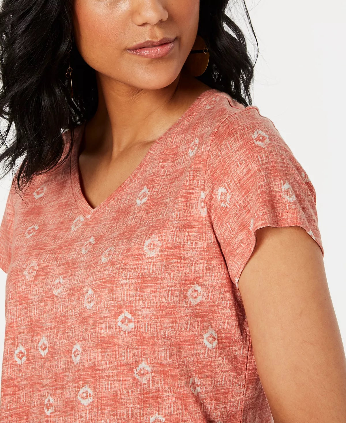 Camiseta feminina de algodão estampada com decote em V, tamanho PP, laranja, estilo &amp; co