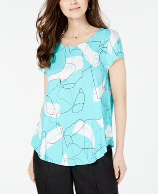 Camiseta feminina Alfani estampada com bainha redonda, azul, tamanho PS