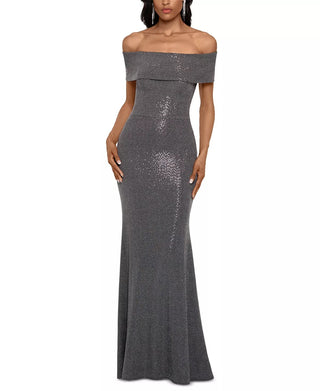 Vestido Betsy &amp; Adam Feminino Ombro a Ombro Acabamento Metálico Cinza Tamanho 10 Petite