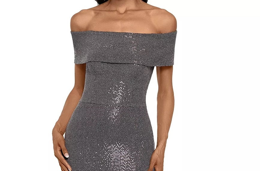 Vestido Betsy &amp; Adam Feminino Ombro a Ombro Acabamento Metálico Cinza Tamanho 10 Petite