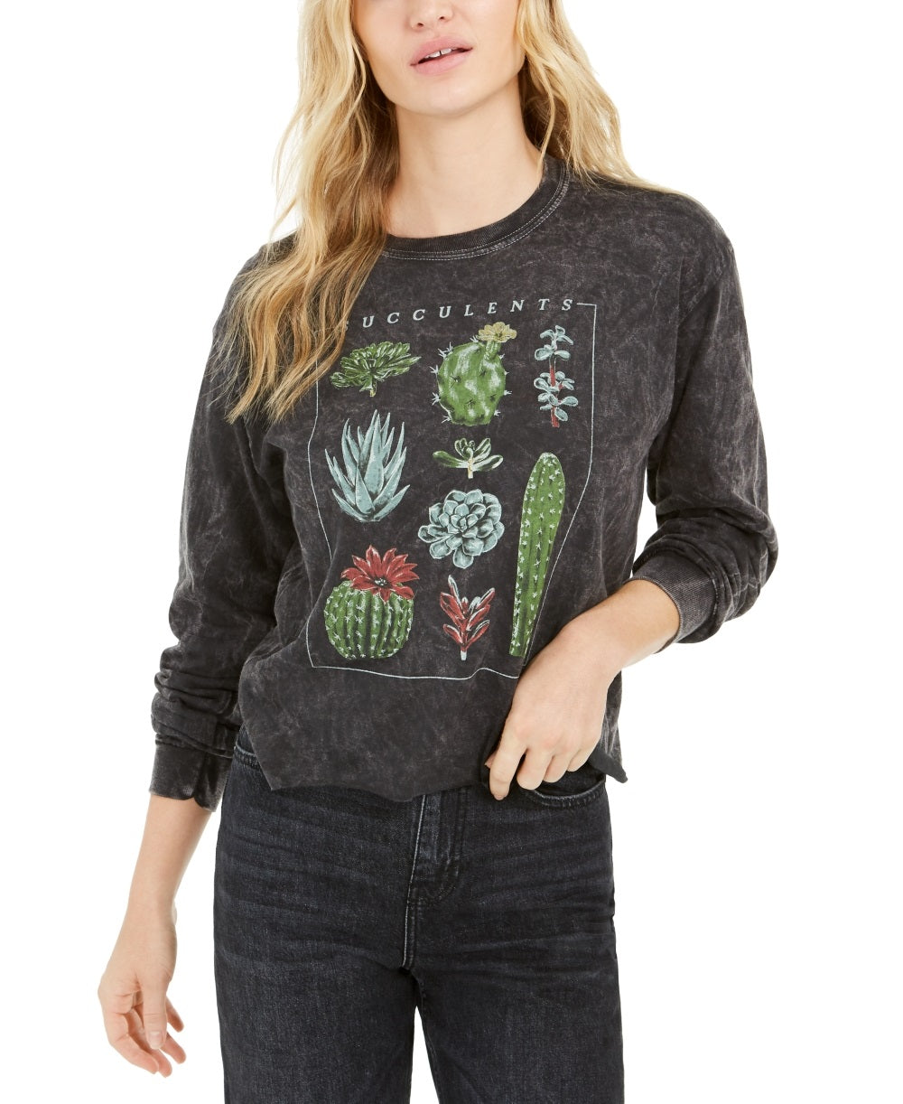 Camiseta feminina vintage com estampa de suculentas e manga comprida, preta, tamanho extrapequeno