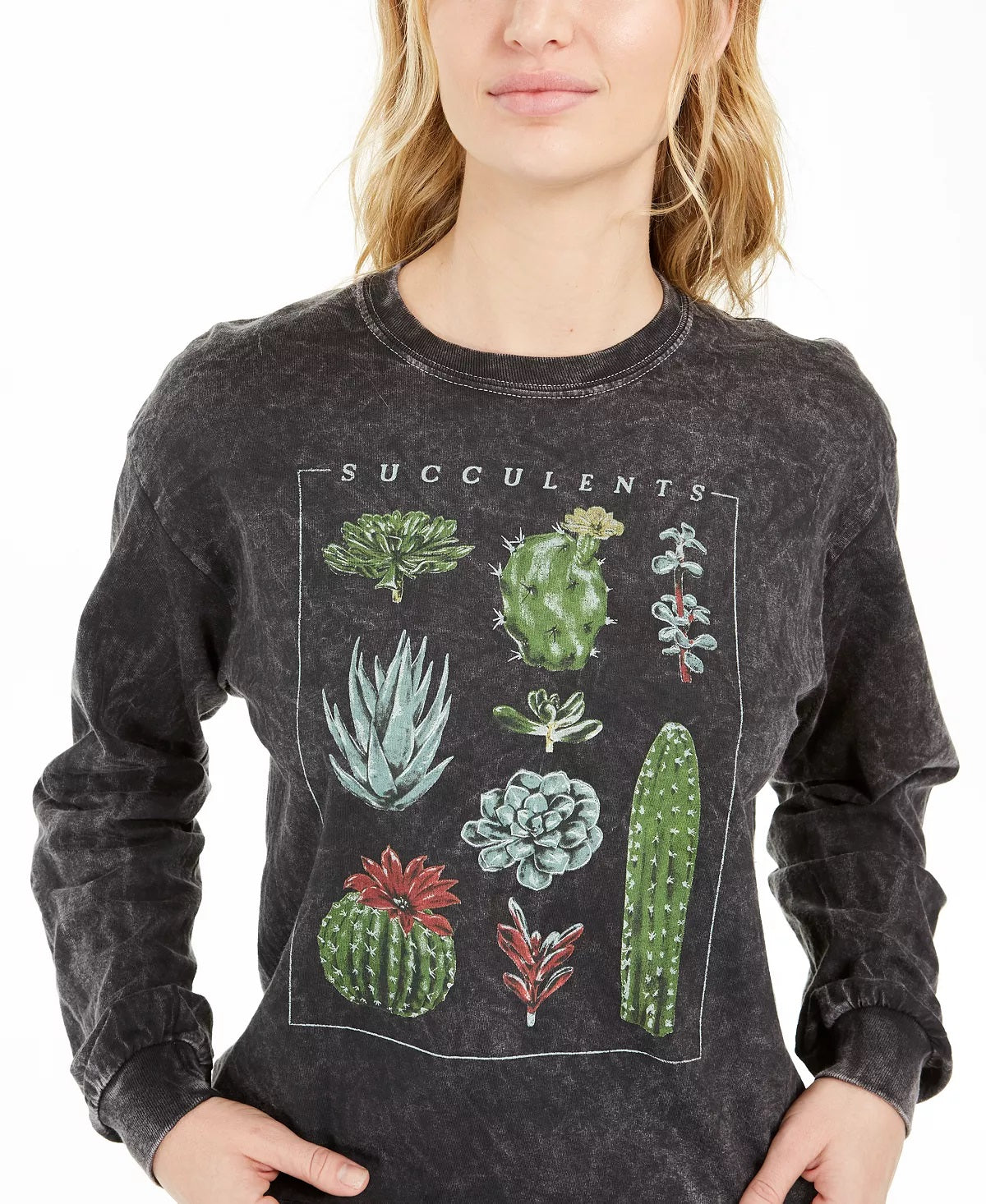 Camiseta feminina vintage com estampa de suculentas e manga comprida, preta, tamanho extrapequeno