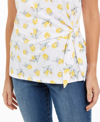 Camiseta feminina estampada com amarração lateral Style &amp; Co, amarela, tamanho médio