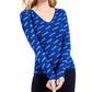 Suéter feminino Guess com decote em V e logotipo, azul, tamanho X-S