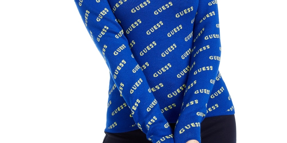 Suéter feminino Guess com decote em V e logotipo, azul, tamanho X-S