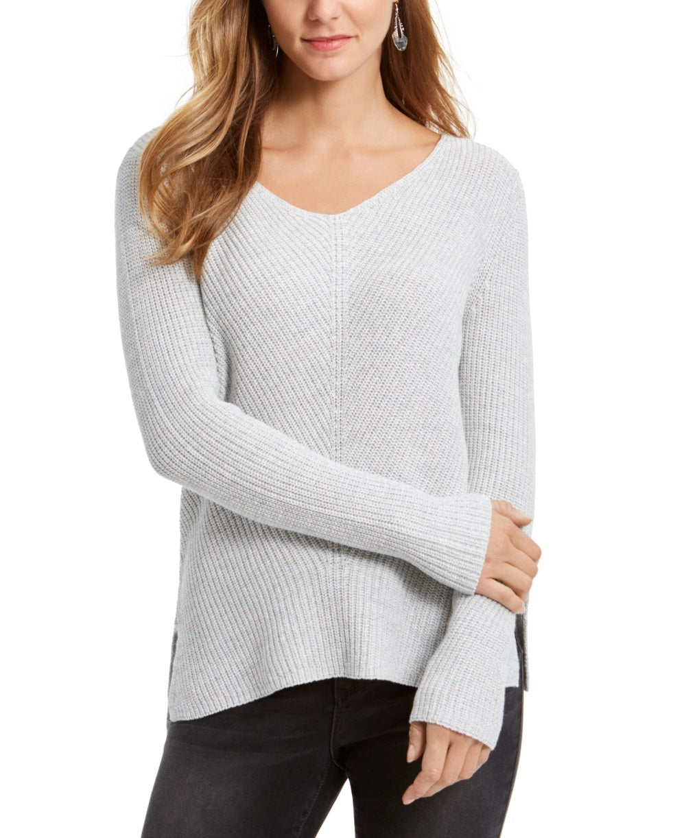 Suéter de algodão canelado com decote em V feminino Style &amp; Co, cinza, tamanho grande