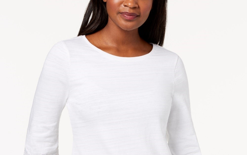 Top feminino Charter Club com acabamento em renda e algodão, tamanho médio, branco