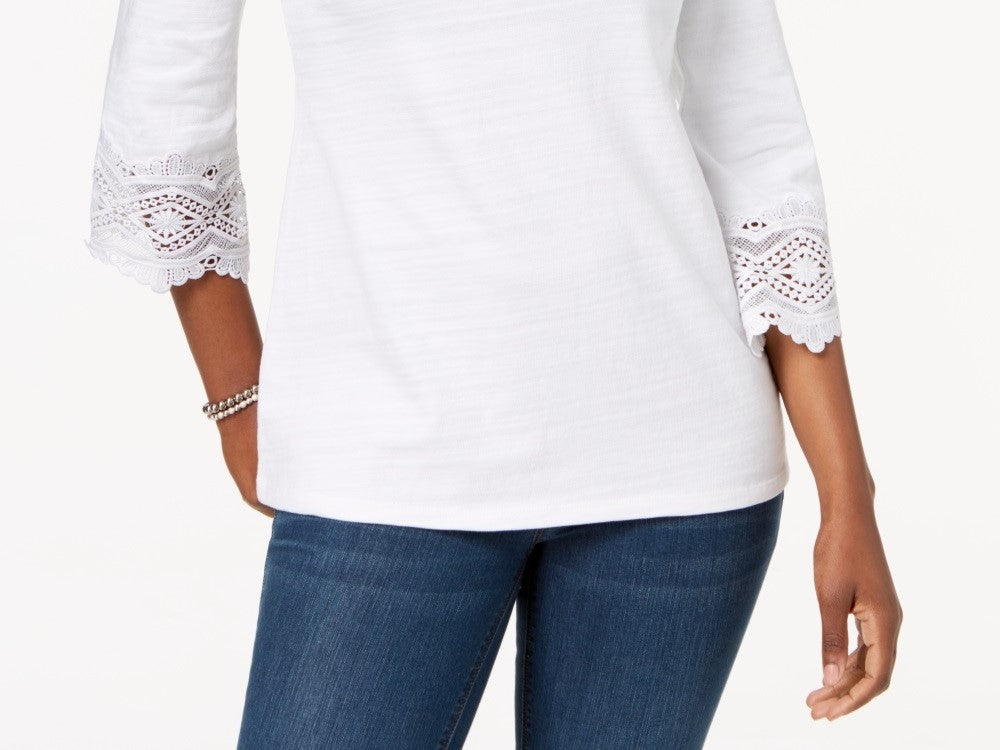 Top feminino Charter Club com acabamento em renda e algodão, tamanho médio, branco