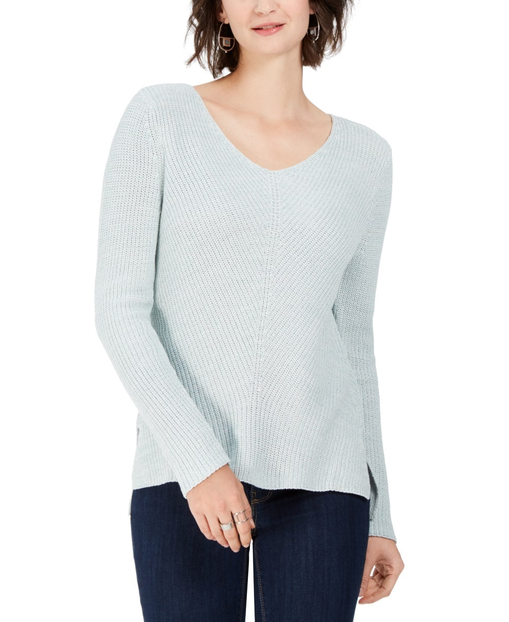 Suéter de algodão canelado com decote em V feminino Style &amp; Co, azul, tamanho grande
