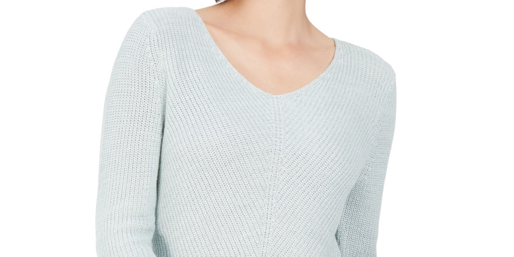 Suéter de algodão canelado com decote em V feminino Style &amp; Co, azul, tamanho grande
