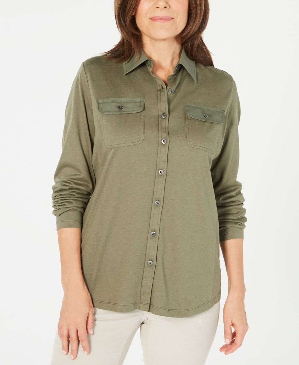 Karen Scott Blusa Feminina Mix-Media com Botões Frontais Verde Tamanho XS
