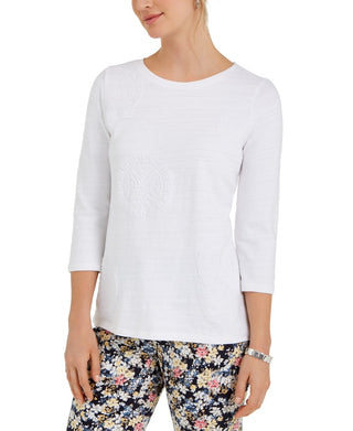 Charter Club Women's 3/4 Sleeve Printed Top White Size Small