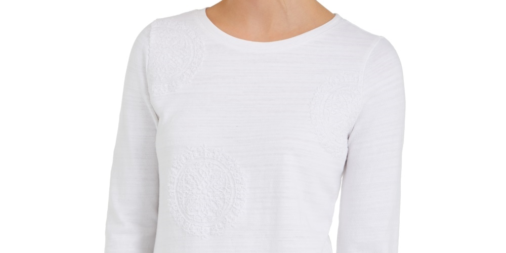 Charter Club Blusa feminina estampada com manga 3/4, branca, tamanho pequeno