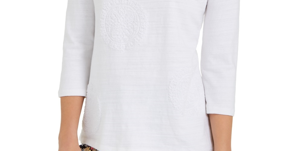 Charter Club Blusa feminina estampada com manga 3/4, branca, tamanho pequeno