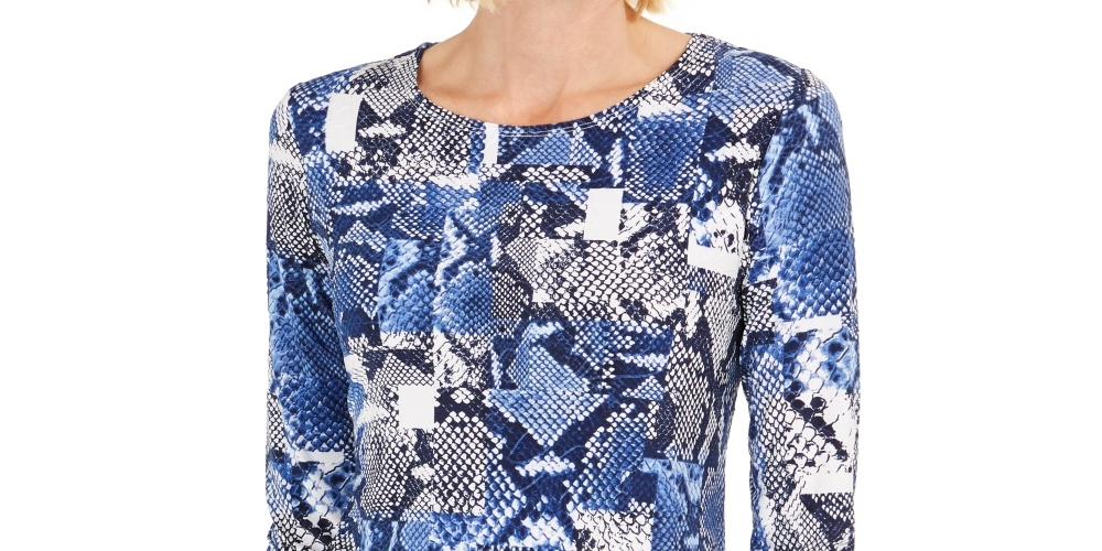 Camiseta feminina jacquard manga 3/4 da coleção JM, azul, tamanho X-S