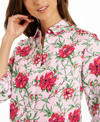 Charter Club Women's Linen Blend Printed Tab Sleeve Shirt Pink Size Large