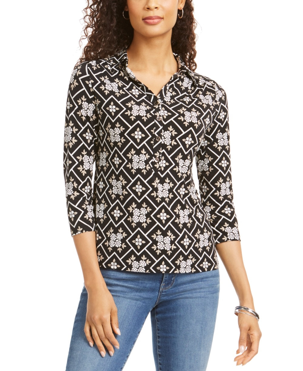 Camisa polo feminina Charter Club com estampa de manga 3/4, preta, tamanho pequeno