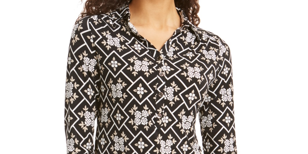 Camisa polo feminina Charter Club com estampa de manga 3/4, preta, tamanho pequeno