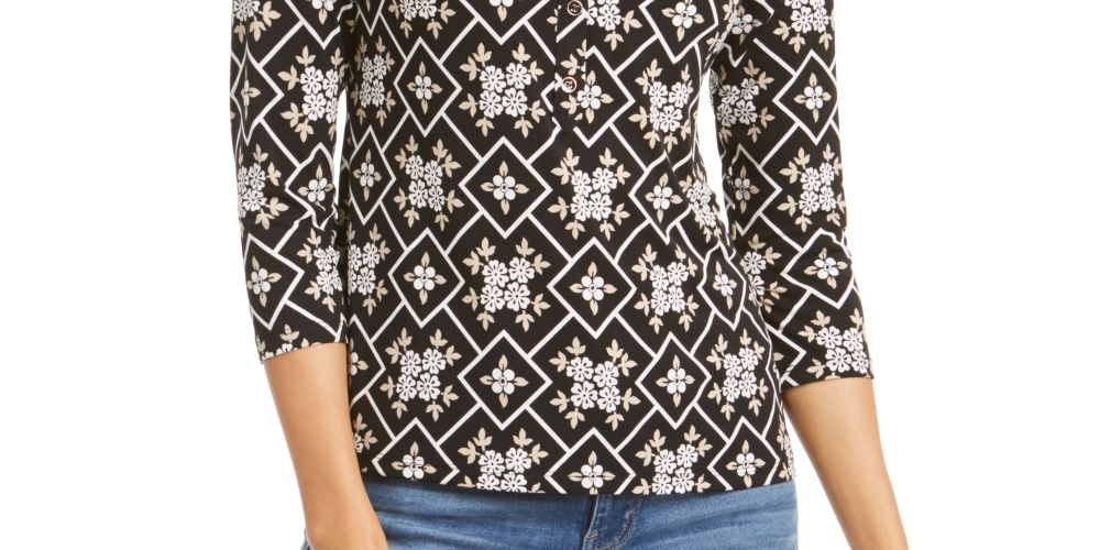 Camisa polo feminina Charter Club com estampa de manga 3/4, preta, tamanho pequeno