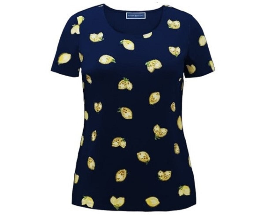 Blusa de algodão com estampa botânica e decote redondo feminina Karen Scott, azul, tamanho médio