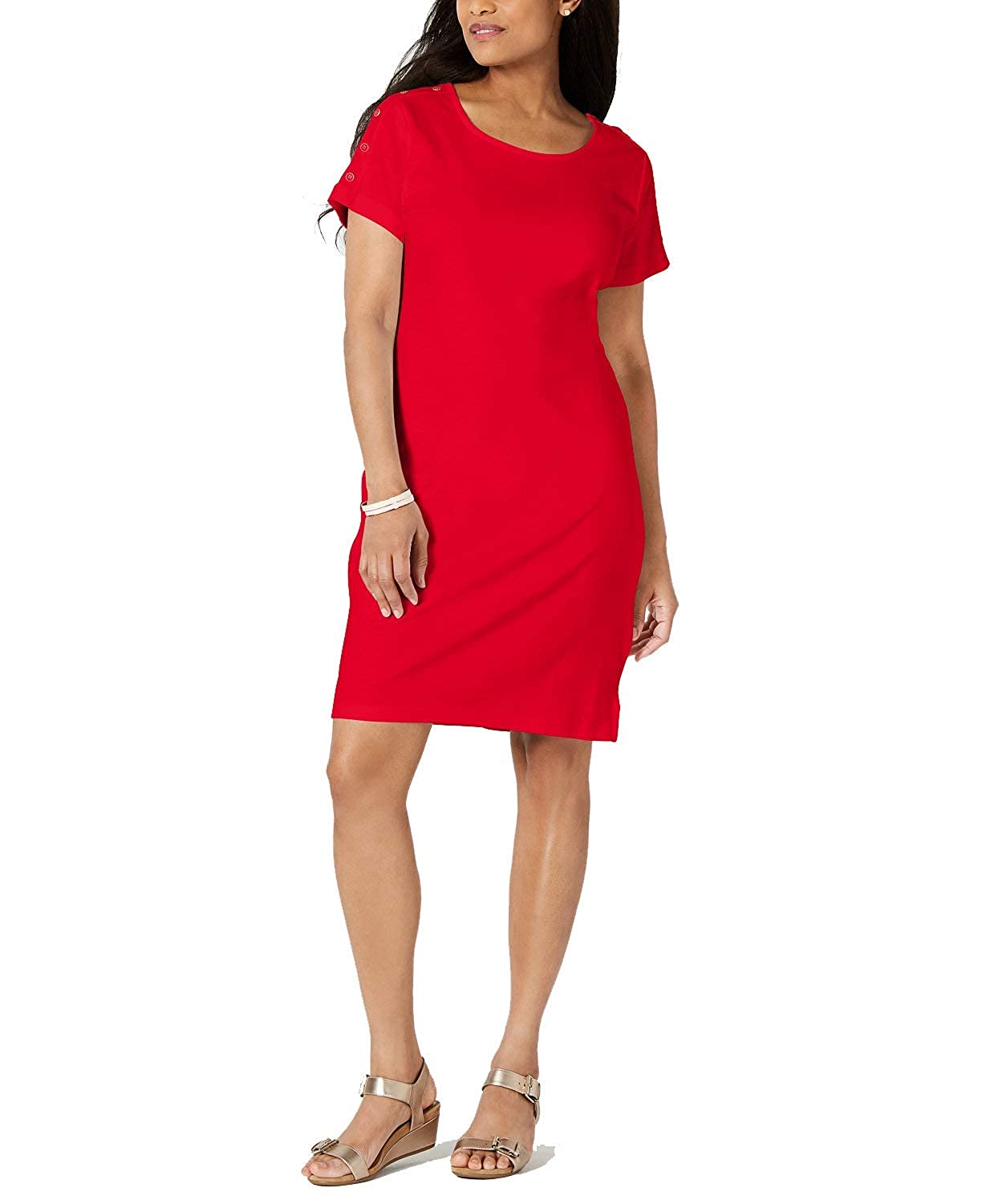 Vestido de algodão feminino Karen Scott com botões e ombros de fora, tamanho grande, vermelho