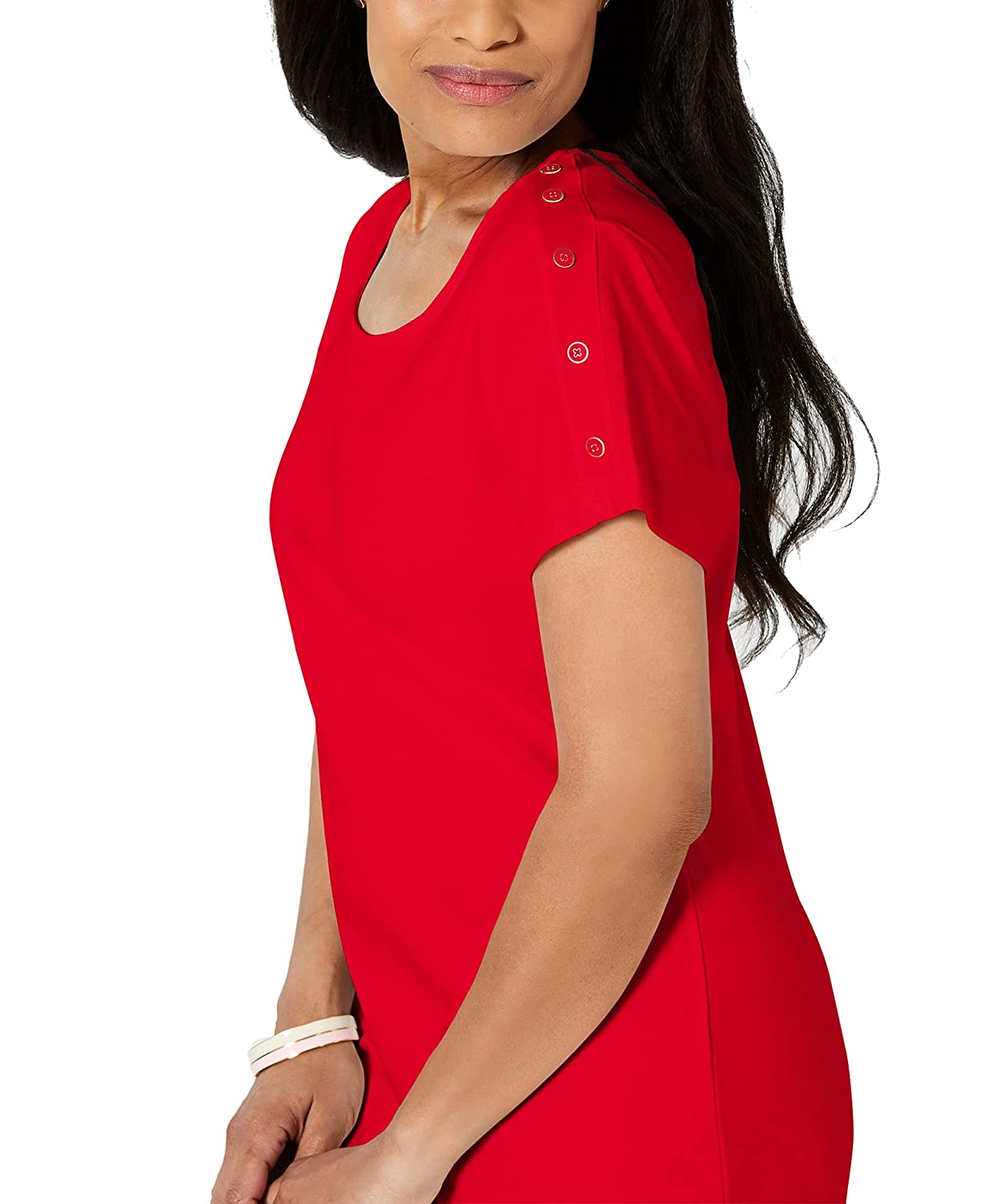 Vestido de algodão feminino Karen Scott com botões e ombros de fora, tamanho grande, vermelho