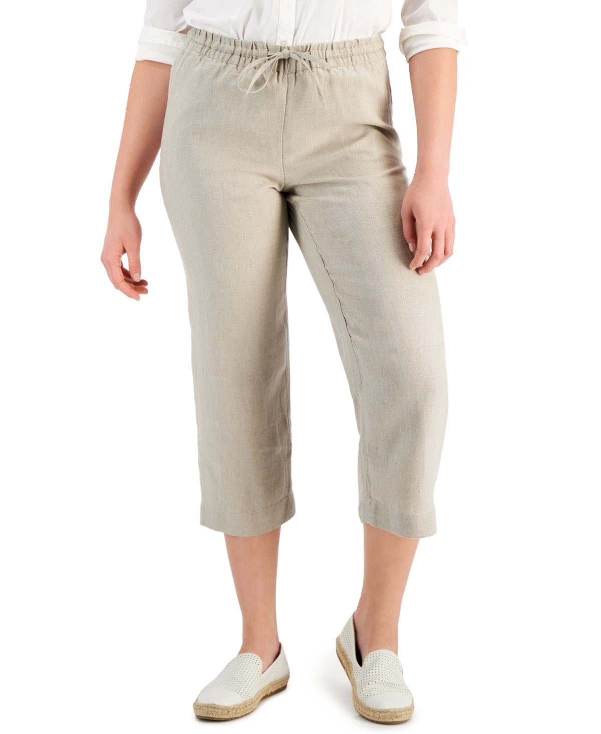Calça Capri Feminina Charter Club de Linho com Cintura Amarrada, Marrom, Tamanho X-G