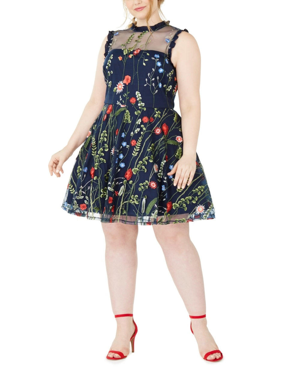 Vestido feminino bordado floral da moda City Studios, azul, tamanho pequeno e pequeno