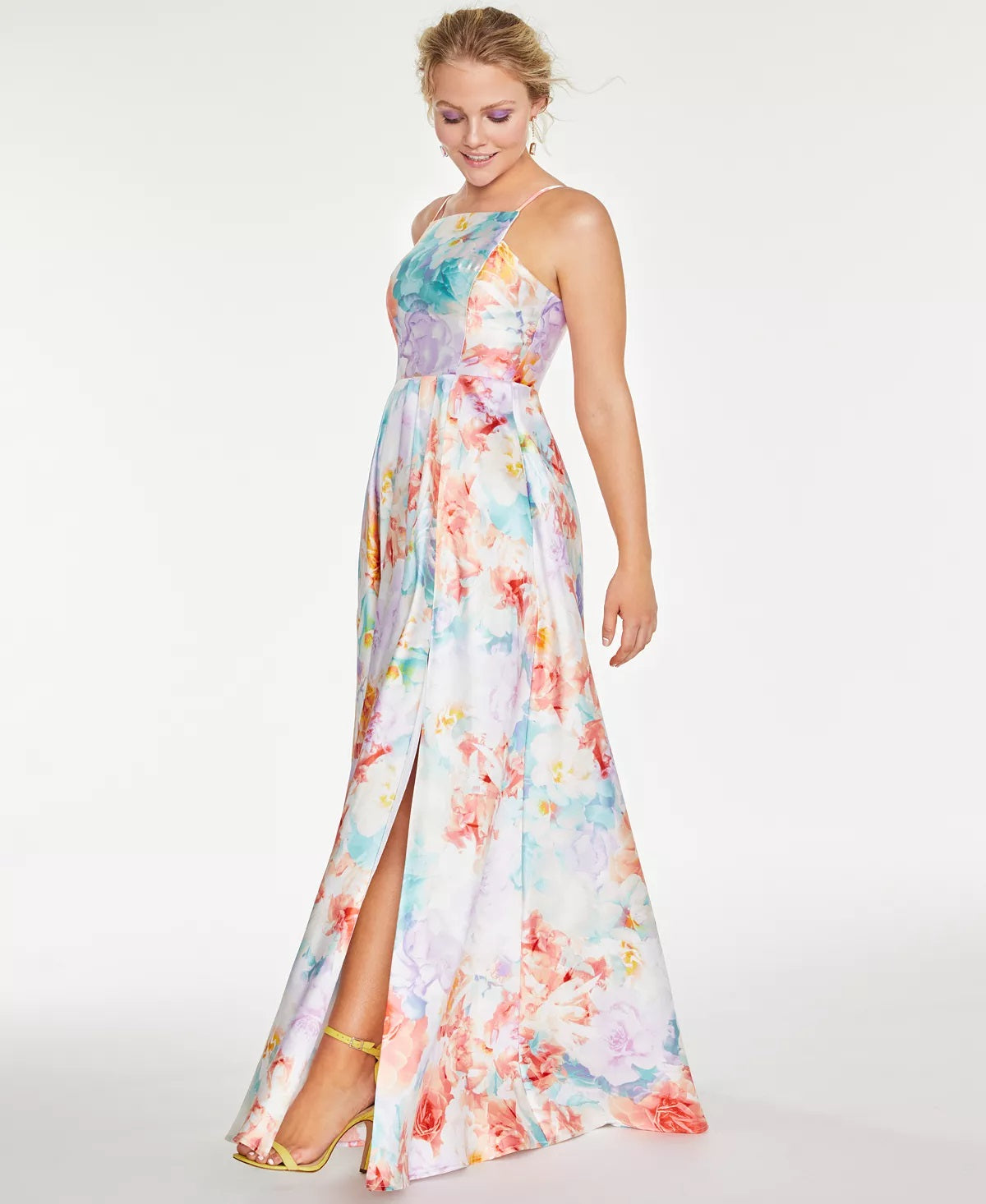 Vestido infantil Crystal Doll com decote quadrado e flores - Branco/Roxo, tamanho 15