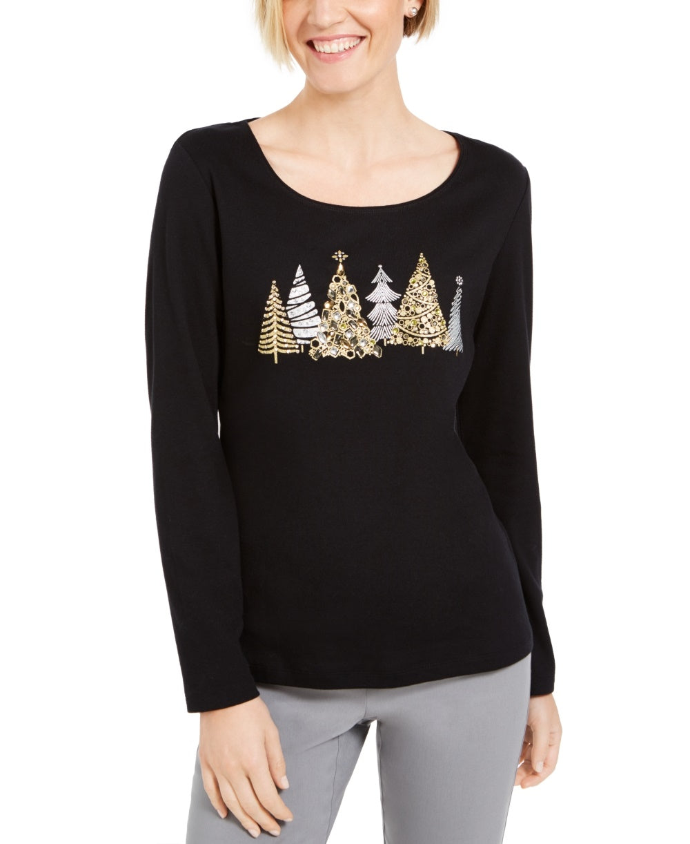 Camisa feminina Karen Scott Sparkle Holiday Graphic, preta, tamanho médio