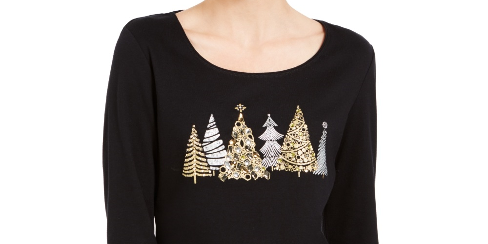 Camisa feminina Karen Scott Sparkle Holiday Graphic, preta, tamanho médio