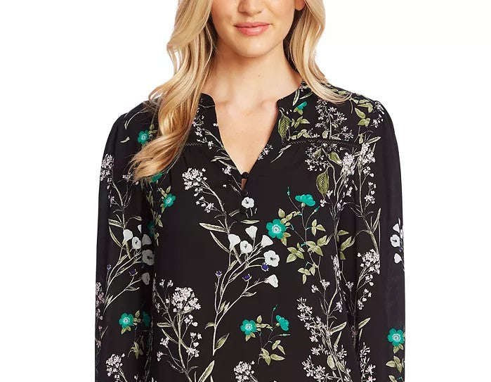 Top feminino de crochê com detalhes botânicos de inverno Cece, preto, tamanho pequeno