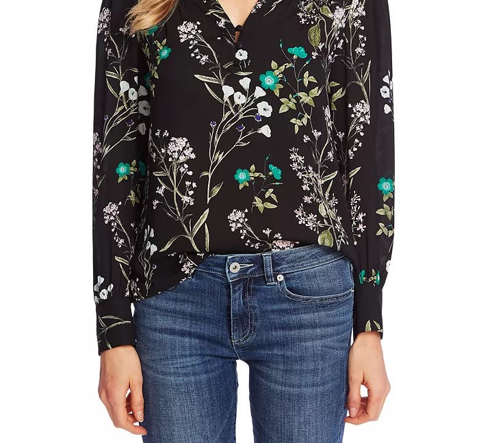 Top feminino de crochê com detalhes botânicos de inverno Cece, preto, tamanho pequeno