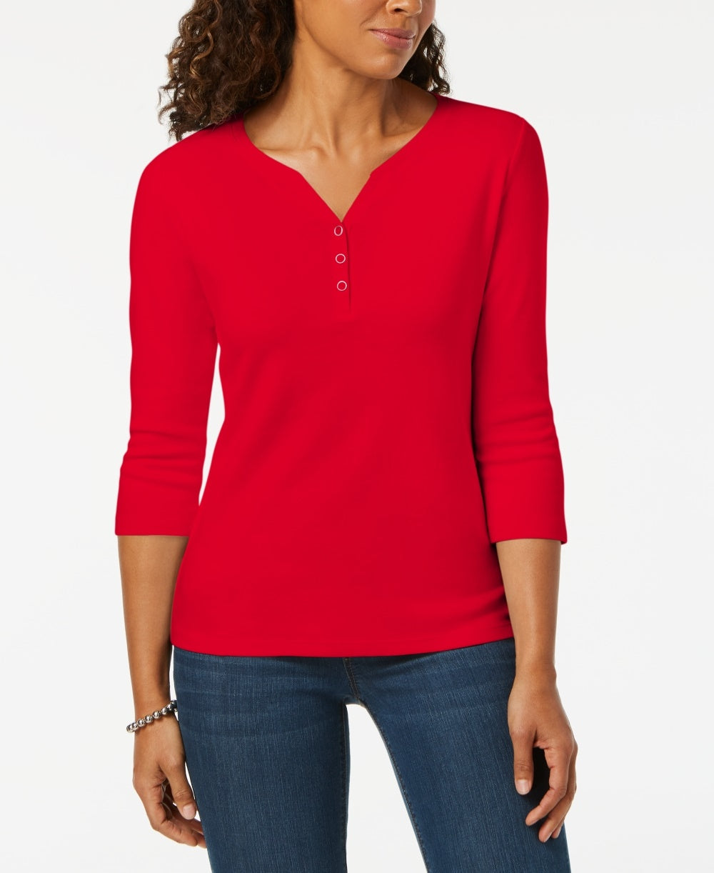 Camisa Henley de algodão pequena feminina Karen Scott, vermelha brilhante, tamanho PS