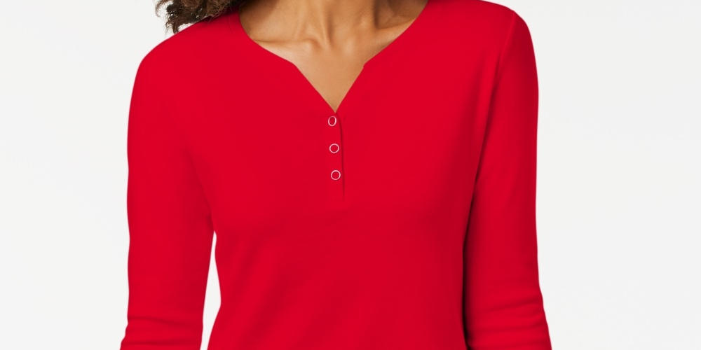 Camisa Henley de algodão pequena feminina Karen Scott, vermelha brilhante, tamanho PS