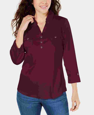 Camisa utilitária feminina Karen Scott de algodão com gola Johnny, vermelha, tamanho X-S