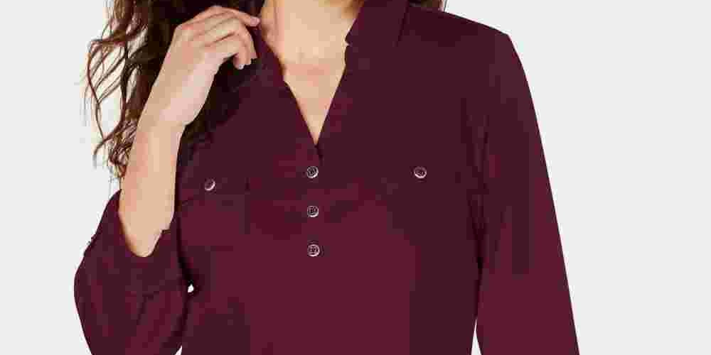 Camisa utilitária feminina Karen Scott de algodão com gola Johnny, vermelha, tamanho X-S