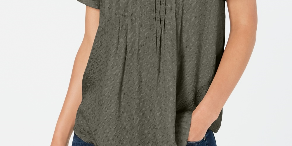 Blusa feminina pequena texturizada com mangas esvoaçantes, tamanho P, verde, estilo Style &amp; Co