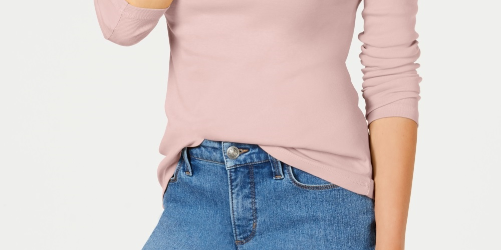 Camiseta feminina de manga comprida de algodão Pima Charter Club, rosa, tamanho pequeno