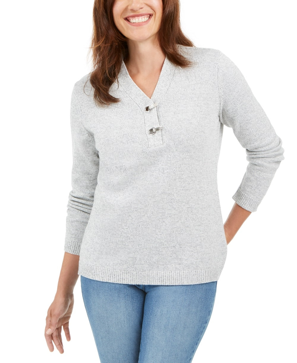 Karen Scott Suéter Henley de algodão com acabamento em ferragens feminino, cinza, tamanho 44