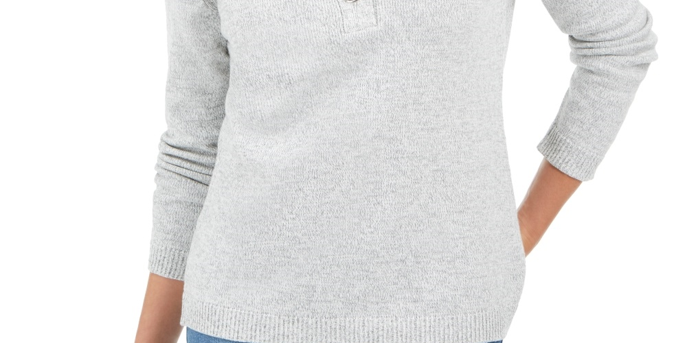 Karen Scott Suéter Henley de algodão com acabamento em ferragens feminino, cinza, tamanho 44