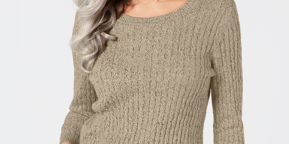 Karen Scott Suéter Feminino Petite Mesclado de Algodão em Tricô com Cabo, Bege, Tamanho PS