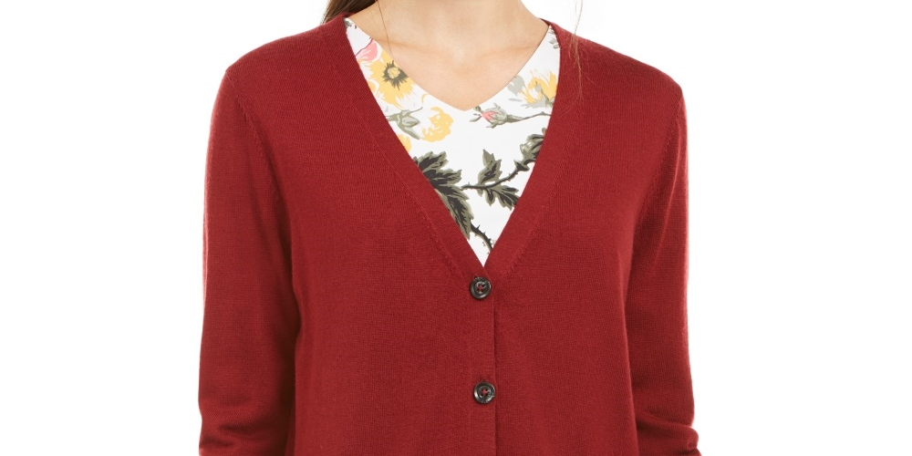 Cardigan feminino de lã merino com decote em V, vermelho, tamanho extrapequeno