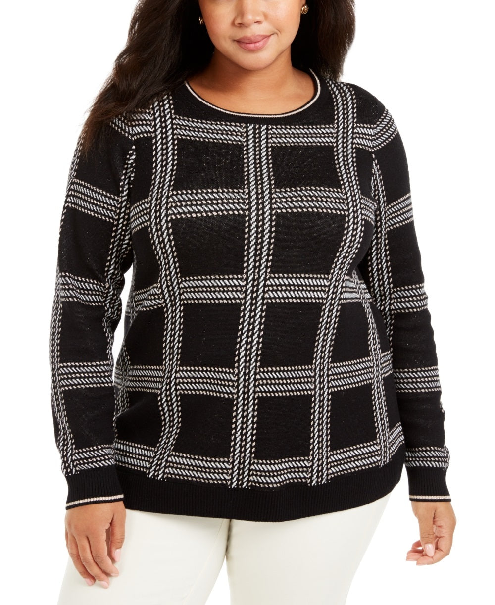 Suéter xadrez metálico plus size feminino Charter Club, preto, tamanho 4X