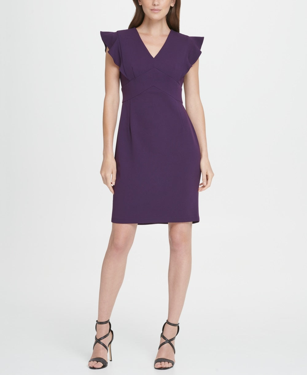 Vestido feminino DKNY com decote em V e babados, manga curta, roxo, tamanho 2