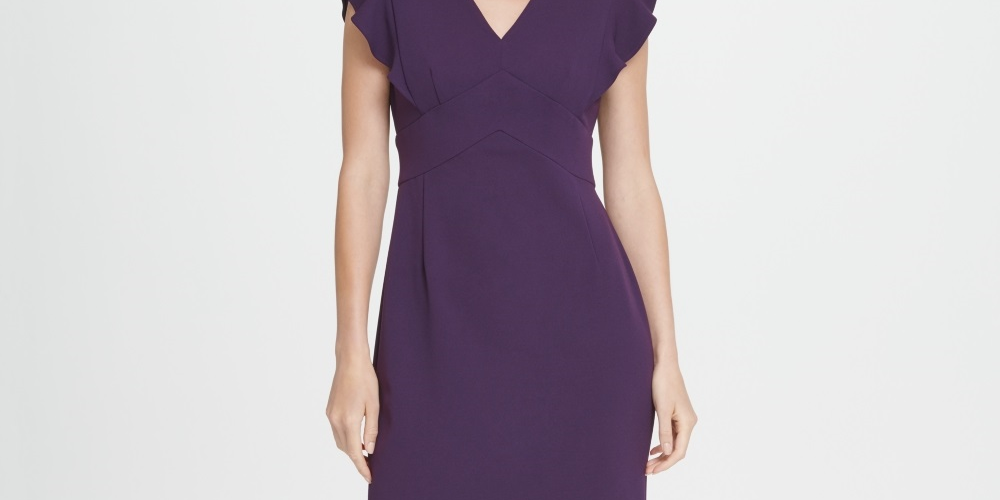 Vestido feminino DKNY com decote em V e babados, manga curta, roxo, tamanho 2
