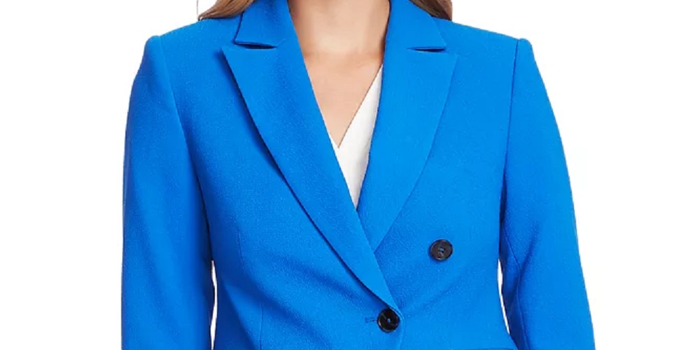 Blazer feminino Vince Camuto de crepe parisiense com frente assimétrica, azul, tamanho 6