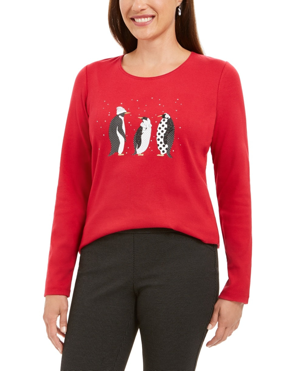 Karen Scott Blusa de algodão com estampa de pinguins de bolinhas, tamanho XG, feminina, vermelha