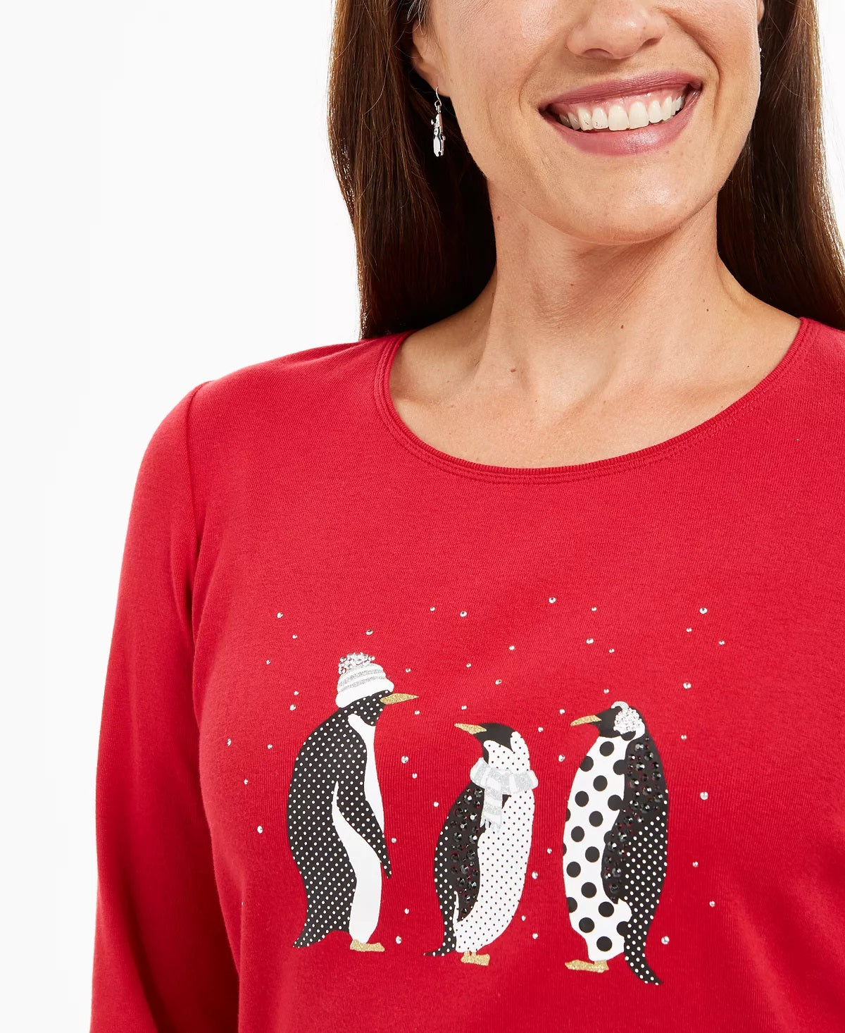Karen Scott Blusa de algodão com estampa de pinguins de bolinhas, tamanho XG, feminina, vermelha